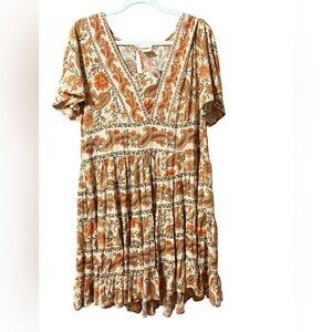 Bila Boho Floral Paisley Dress Tiered Ruffle Hem VNeck Short Sleeve Peasant Sz L